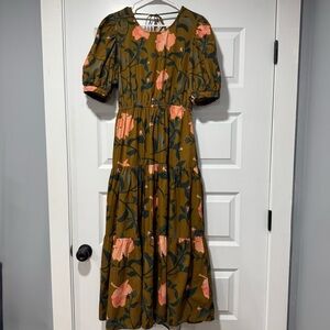 Women’s Olive Green Floral Midi Dress with Pink Bloom